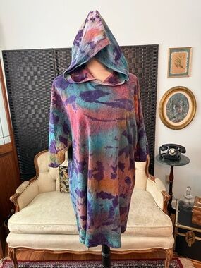🎨 World Beat Y2K Tie Dye Hooded Tunic Tee Shirt Dress XL Boho Festival Artwear